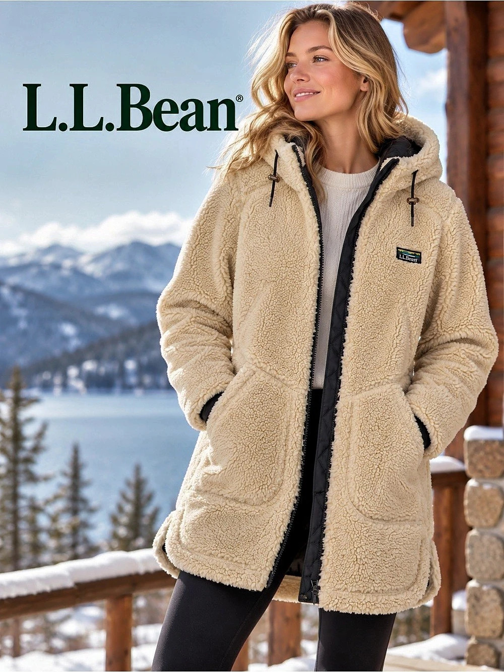 L.L.Bean Hi-Pile Fleece Hooded Coat Cream